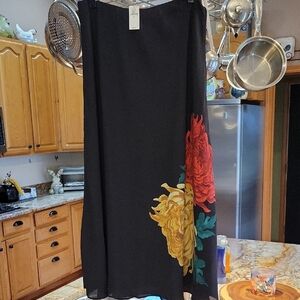 Banana Republic Black Floral Maxi Skirt with Red & Yellow Blooms Chiffon Overlay